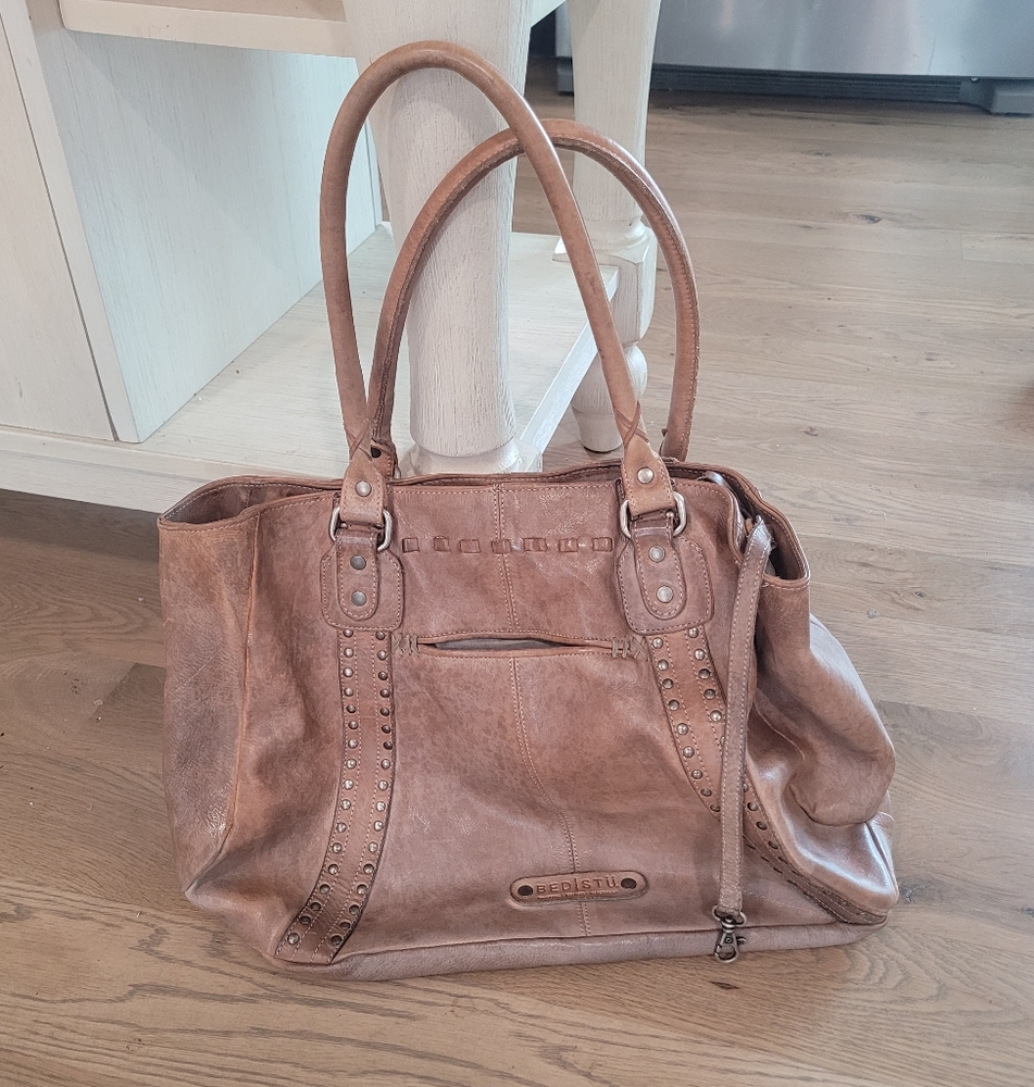 Bed Stu Gray and Tan Shoulder Bag with Distressed Leather